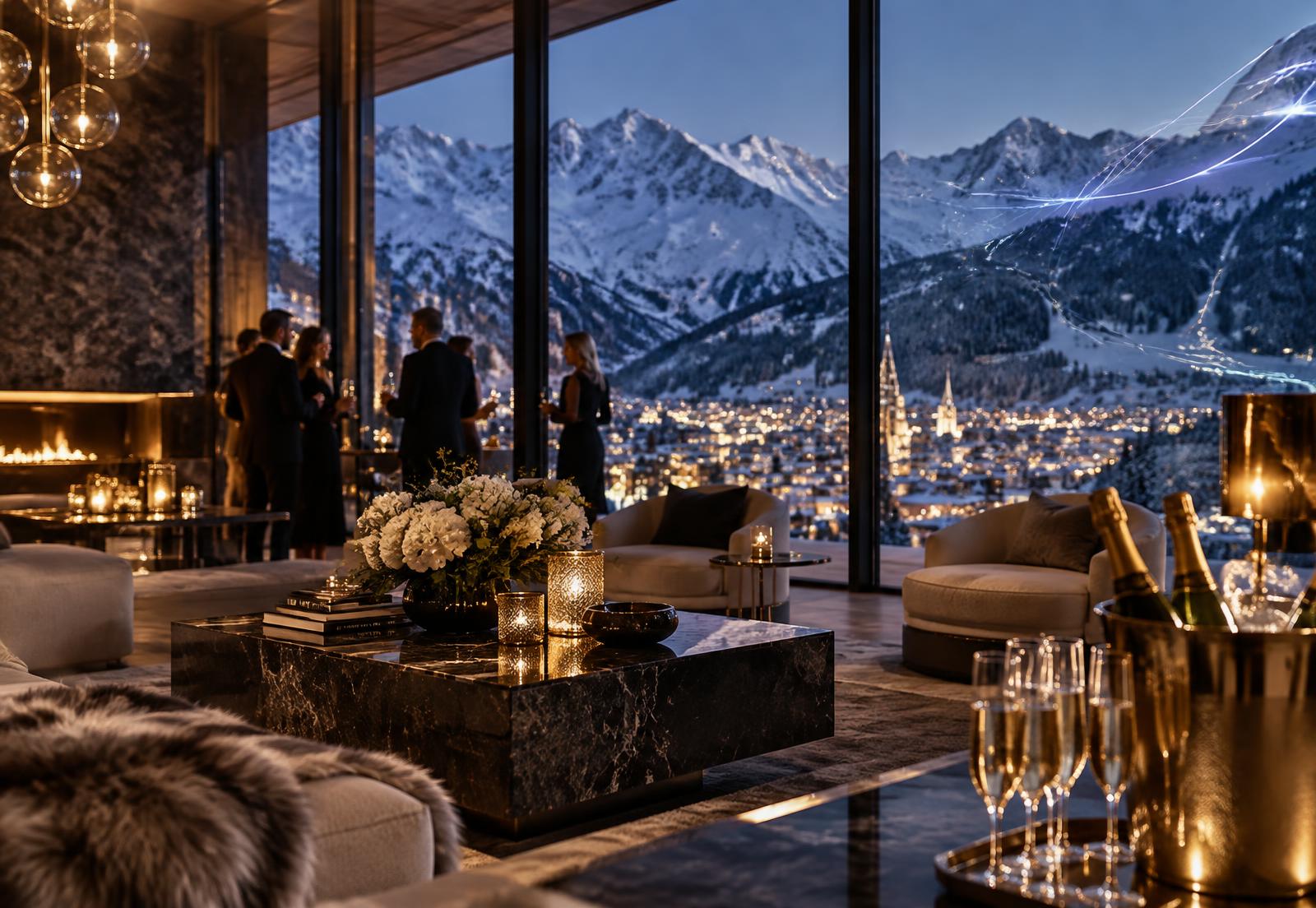 Luxury Davos alpine reception overlooking the snowy mountains
